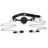 Черный кляп-шарик с зажимами на соски на металлической цепочке - Notabu - купить с доставкой в Сызрани