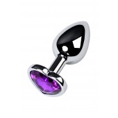 Серебристая коническая анальная пробка с фиолетовым кристаллом-сердечком - 7 см. - ToyFa - купить с доставкой в Сызрани