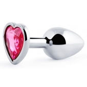 Серебристая анальная пробка с малиновым кристаллом-сердечком - 7 см. - Anal Jewelry Plug - купить с доставкой в Сызрани