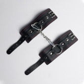 Черные кожаные наручники с красной строчкой - Crazy Handmade - купить с доставкой в Сызрани