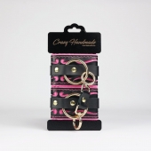 Черные кожаные наручники с розовой строчкой - Crazy Handmade - купить с доставкой в Сызрани