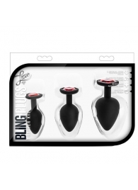 Набор черных анальных пробок с красным кристаллом-сердечком Bling Plugs Training Kit - Blush Novelties - купить с доставкой в Сызрани