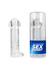 Прозрачная рельефная насадка-реалистик с петлей для мошонки - 13,5 см. - Sex Expert - в Сызрани купить с доставкой