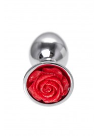 Серебристая анальная втулка с красной розочкой - 8 см. - ToyFa