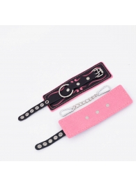 Черно-розовые кожаные наручники с розовой строчкой - Crazy Handmade - купить с доставкой в Сызрани