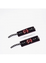 Черные кожаные наручники с красным декором и строчкой - Crazy Handmade - купить с доставкой в Сызрани