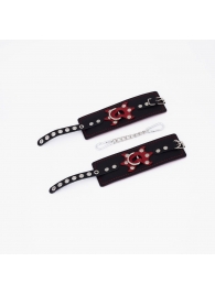 Черные кожаные наручники с красным декором и строчкой - Crazy Handmade - купить с доставкой в Сызрани
