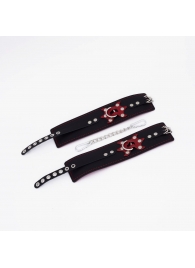 Черные кожаные оковы с красным декором и строчкой - Crazy Handmade - купить с доставкой в Сызрани