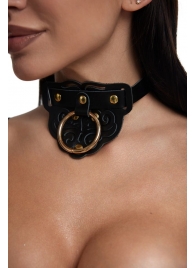 Черный фигурный кожаный ошейник с золотистой фурнитурой - Crazy Handmade - купить с доставкой в Сызрани