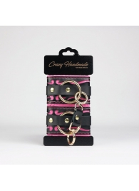 Черные кожаные наручники с розовой строчкой - Crazy Handmade - купить с доставкой в Сызрани