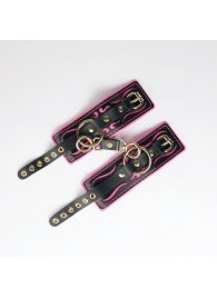 Черные кожаные наручники с розовой строчкой - Crazy Handmade - купить с доставкой в Сызрани