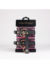 Черные кожаные оковы с розовой строчкой - Crazy Handmade - купить с доставкой в Сызрани