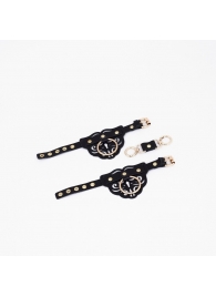 Черные кожаные наручники с клепками, кольцами и золотистой фурнитурой - Crazy Handmade - купить с доставкой в Сызрани