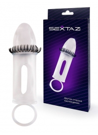 Закрытая насадка на пенис с подхватом мошонки и стимулирующими «ресничками» - Sextaz - в Сызрани купить с доставкой
