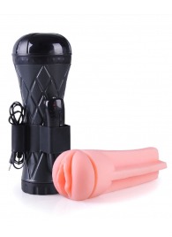 Телесный мастурбатор-вагина в черной колбе с вибрацией - Boys of Toys - в Сызрани купить с доставкой