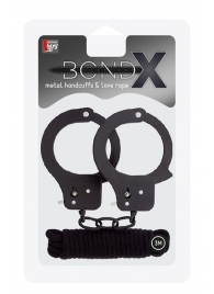 Чёрные наручники из листового металла в комплекте с веревкой BONDX METAL CUFFS LOVE ROPE SET - Dream Toys - купить с доставкой в Сызрани