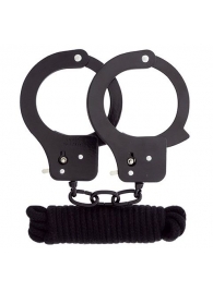 Чёрные наручники из листового металла в комплекте с веревкой BONDX METAL CUFFS LOVE ROPE SET - Dream Toys - купить с доставкой в Сызрани