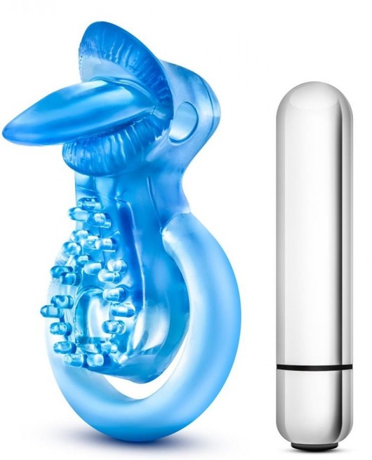 Голубое эрекционное виброкольцо 10 Function Vibrating Tongue Ring - Blush Novelties - в Сызрани купить с доставкой