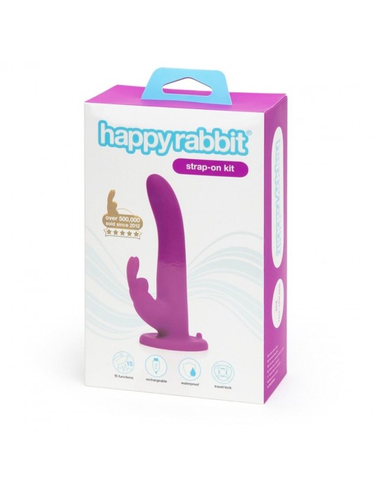 Лиловый страпон Rechargeable Vibrating Strap-On Harness Set - 17,6 см. - Happy Rabbit - купить с доставкой в Сызрани