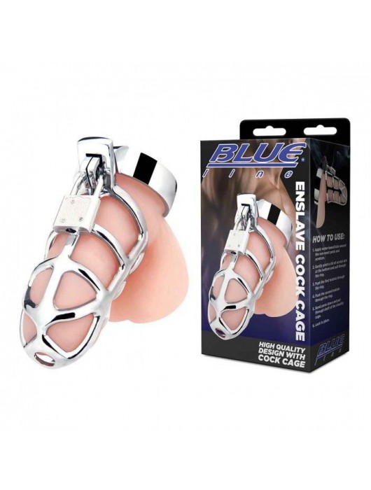 Серебристая металлическая клетка для члена с замком Enslave Cock Cage - BlueLine - купить с доставкой в Сызрани