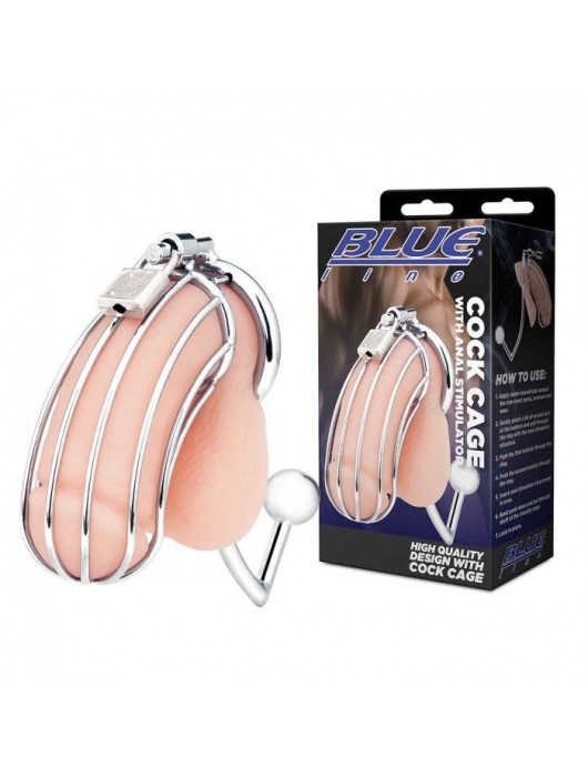 Серебристая металлическая клетка с анальным стимулятором Cock Cage - BlueLine - купить с доставкой в Сызрани