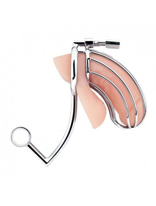 Серебристая металлическая клетка с анальным стимулятором Cock Cage - BlueLine - купить с доставкой в Сызрани