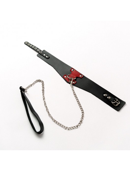Черный широкий ошейник с красным декором и поводком - Crazy Handmade - купить с доставкой в Сызрани