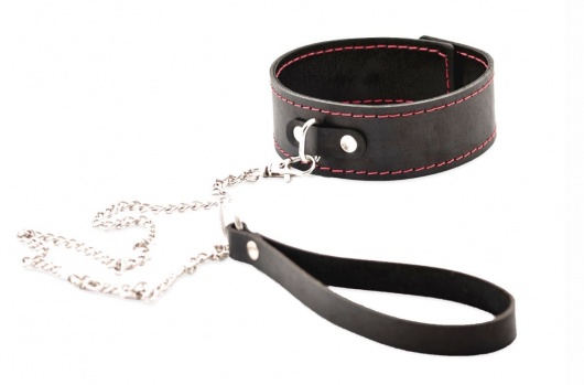 Черный широкий ошейник с красной строчкой и поводком - Crazy Handmade - купить с доставкой в Сызрани