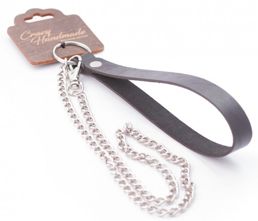 Серебристый металлический поводок с кожаной черной ручкой - 80 см. - Crazy Handmade - купить с доставкой в Сызрани
