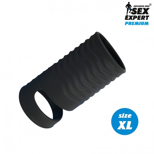 Черная открытая насадка на пенис с кольцом для мошонки XL-size - 8,9 см. - Sex Expert - в Сызрани купить с доставкой
