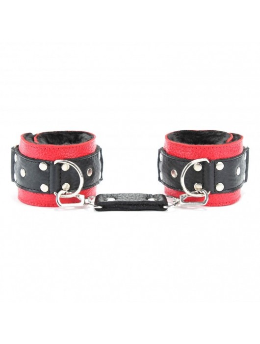 Красно-чёрные кожаные наручники с меховым подкладом - БДСМ Арсенал - купить с доставкой в Сызрани