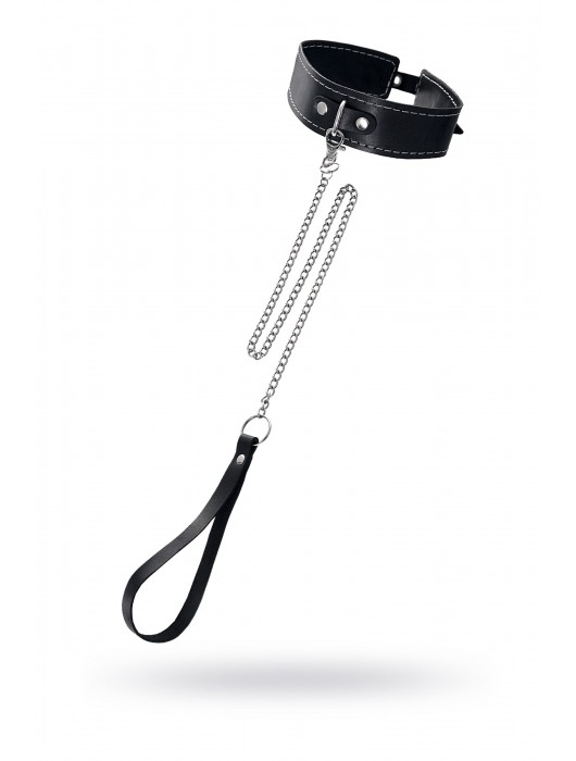 Кожаный двухслойный ошейник с белой строчкой и поводком - Pecado - купить с доставкой в Сызрани