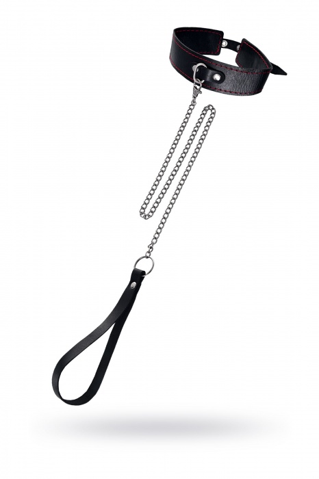 Кожаный двухслойный ошейник с красной строчкой и поводком - Pecado - купить с доставкой в Сызрани