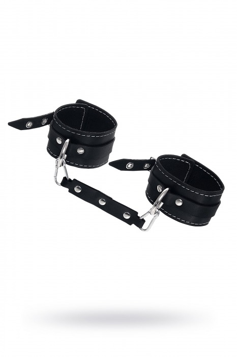 Черные двухслойные кожаные оковы с белой строчкой - Pecado - купить с доставкой в Сызрани