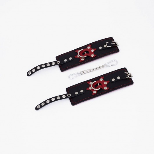 Черные кожаные наручники с красным декором и строчкой - Crazy Handmade - купить с доставкой в Сызрани