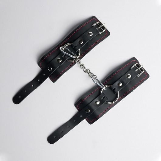Черные кожаные наручники с красной строчкой - Crazy Handmade - купить с доставкой в Сызрани