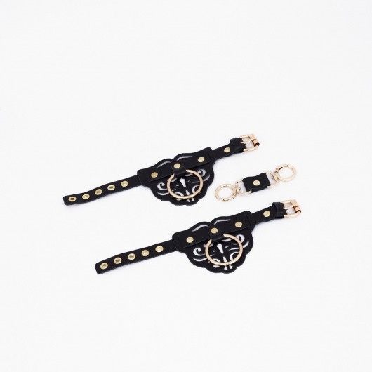 Черные кожаные наручники с клепками, кольцами и золотистой фурнитурой - Crazy Handmade - купить с доставкой в Сызрани