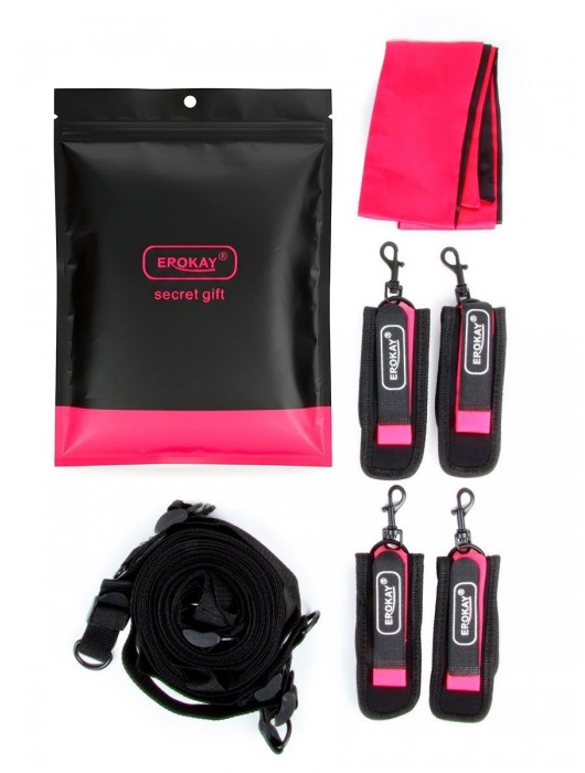 Черно-розовый эротический набор: фиксатор, оковы, наручники, повязка - Erokay - купить с доставкой в Сызрани